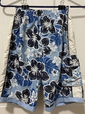 Sand N Sun Vintage Boys Blue Hawaiian ropical Swim Trunks Size L (10/12)